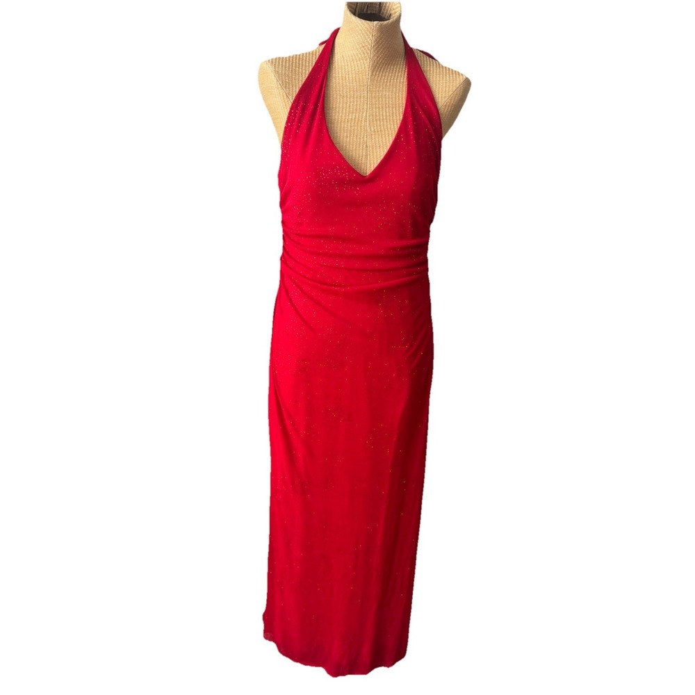 Y2K Vintage City Triangles Sparkly Red Halter Formal Dress Large 90s‎ Homecoming